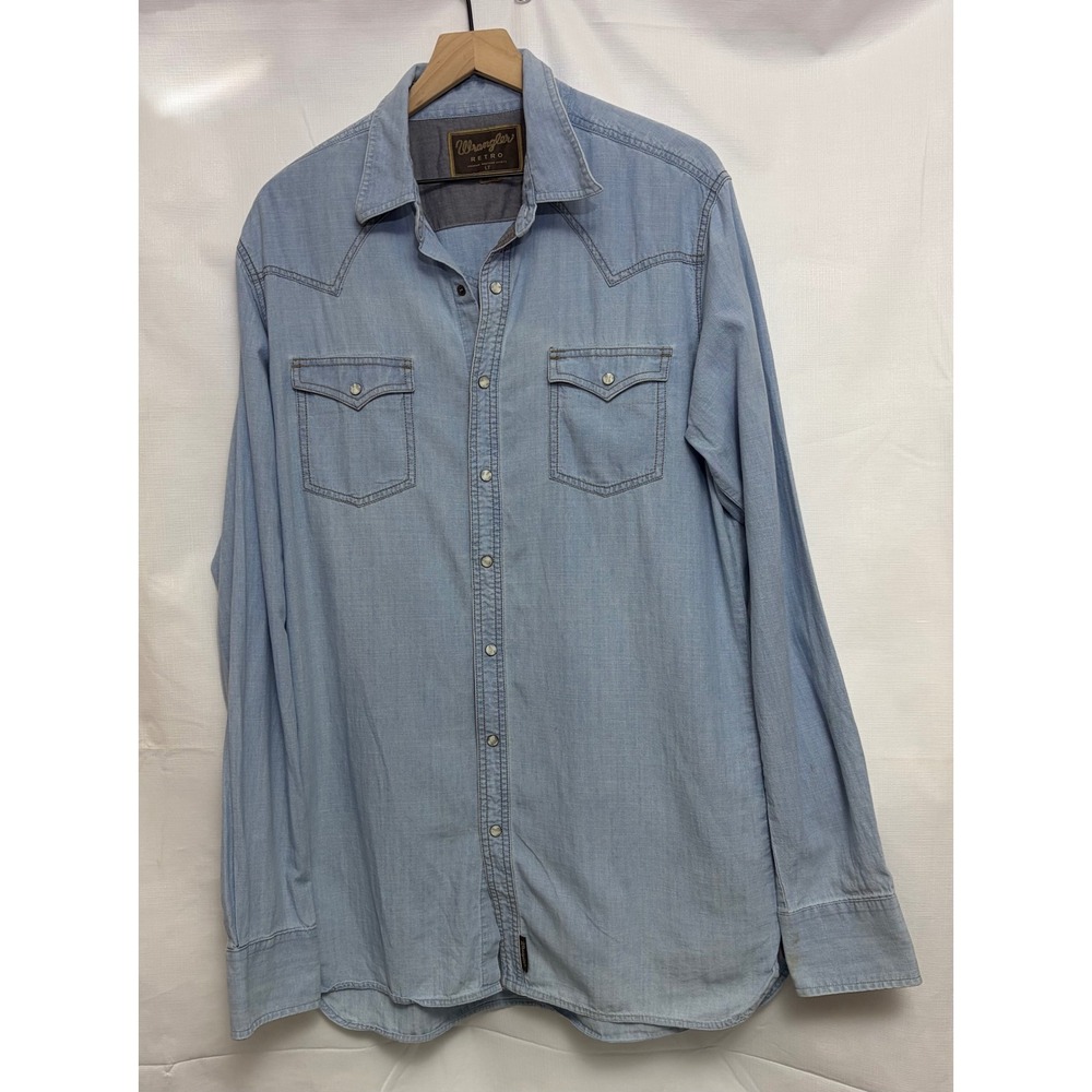 Wrangler Retro Western Shirt Mens LT Blue Good Pearl Snap Chambray Long Sleeve